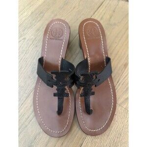Tory Burch Moore Block Heel Black Leather Thong Sandals - Size 8M - Excellent